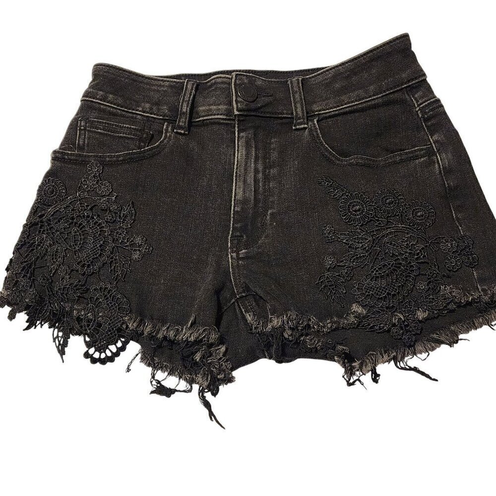 American Eagle sz 0 black hi-rise shortie black denim shorts lace